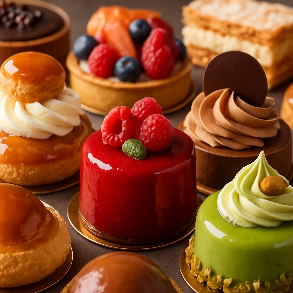 Entremets et tarte aux fruits artisanaux sur assiette crème