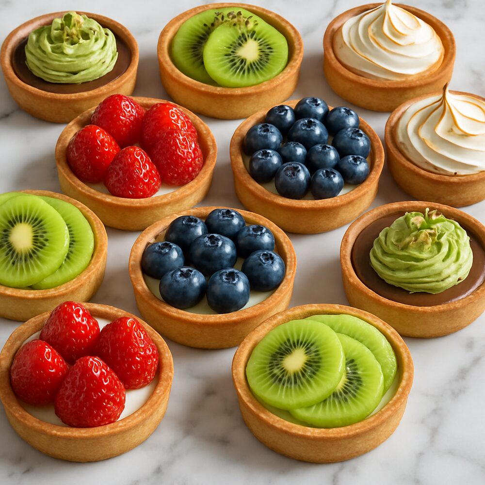 Tartes et petits gâteaux vus de dessus